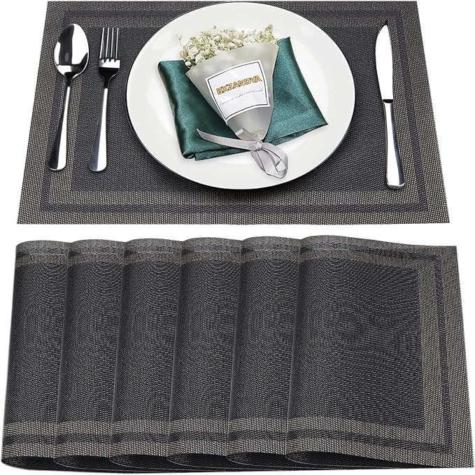 Black Vinyl Placemats Set of 6,Washable Dining PVC Table Mats | Heat resistant, stain resistant non slip vinyl place mats, washable black gold table placemats for dining table(Black gold)