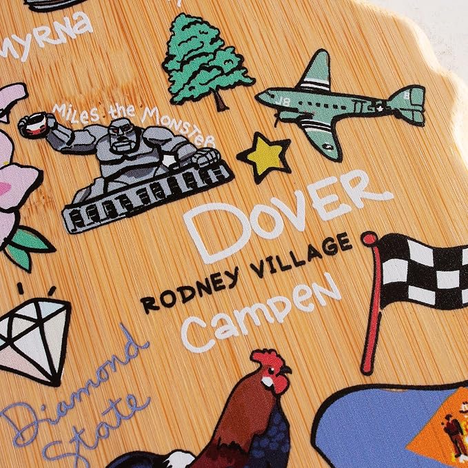 Totally Bamboo Delaware State Shaped Cutting Board, Art by Fish Kiss | State charcuterie board with colorful hand-drawn map artwork. Smooth reverse side for food prep. Hang tie for wall display.