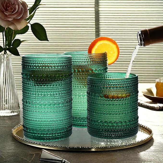 Vintage Hobnail Driinking Glasses Set, Glassware Drinking Set of 8, 12 oz Highball Glasses & 10 oz Cocktail Glasses, Tumbler Glasses for Cocktails, Whiskey, Juice, Milk, Blackish Green