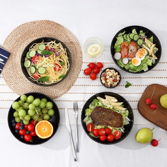 Sureasy Pasta Bowls Set of 4, 30oz Large Embossed Salad Bowls, 8.5 Inch Wide and Shallow Plate Bowls, Salad Bowl, Microwave, Oven & Dishwasher Safe, Black