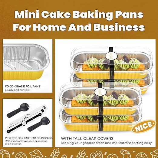 NPLUX Loaf Pans with Lids, 50 Pack Gold 6.8oz for Dessert Displays | Suitable for mini breads, tart portions, dips and sweets; cover-after-cooling setup helps cut repacking steps.
