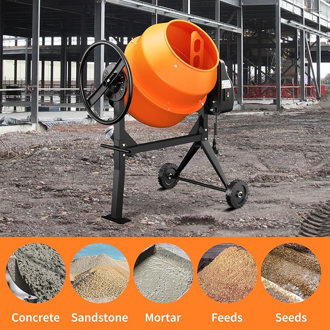 120L Electric Cement Mixer, 4.3 Cubic Ft. 450W 3/5HP Portable Concrete Mixer Machine with Stand And Wheels for Stucco, Mortar, Seeds, Orange