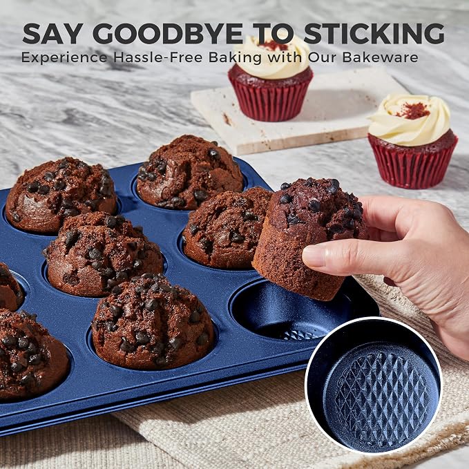 9-Piece Baking Pans Set Nonstick, Stackable Non Toxic Bakeware Sets with Diamond Texture, Oven Pan Set for Cooking, Includes Cookie Sheet with Rack, Cake Pan, Roasting Pan, Muffin Tin, Blue