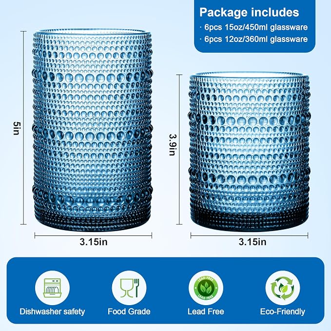 KMIGRUAN Hobnail Drinking Glasses Set of 12, 15Oz & 12Oz Cocktail Glasses | Blue-Vintage Highball Glasses, Embossed Beaded Water Glass Cups for Juice and Various Mixed Drinks, Kitchen Drinking Glasses