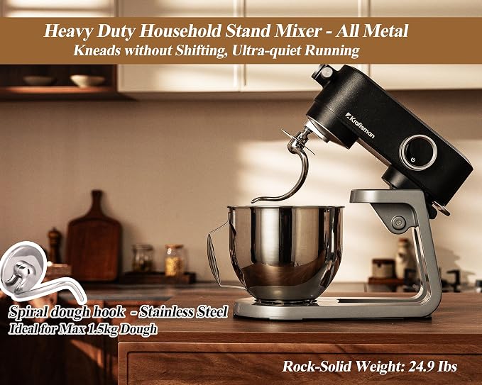 Stand Mixer Powerful DC Motor, Heavy Duty Dough Mixer 5.3 QT | Multifuncational Kitchen Mixer with 4 Stainless Steel Attachments and Universal Hub, Quiet Operation with Timer, 8-Speed