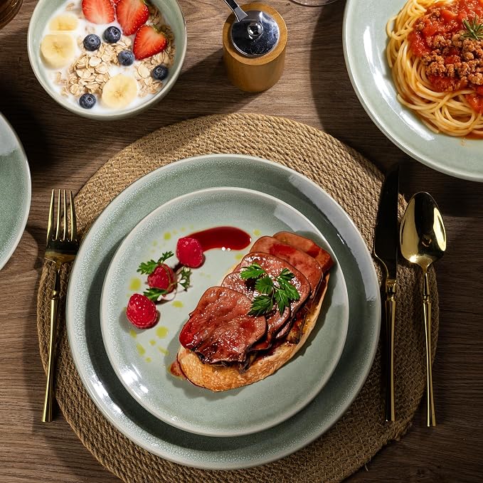 GBHOME Dinnerware Sets for 6, 24 Pieces Ceramic Plates and Bowls Set | Scratch Resistant Stoneware Dishes Set, Dishwasher & Microwave Safe, Reactive Glaze-Light Green