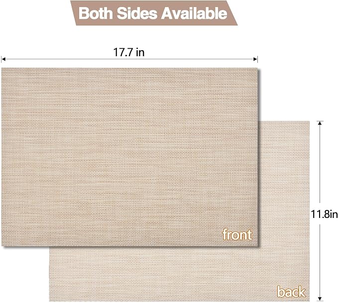 SLKQG Beige Placemats Set of 4 - Easy Clean Washable Vinyl Placemats - Wipeable Heat Resistant Table Mats for Dining Table - 17.7x11.8 Inch (4, Beige)
