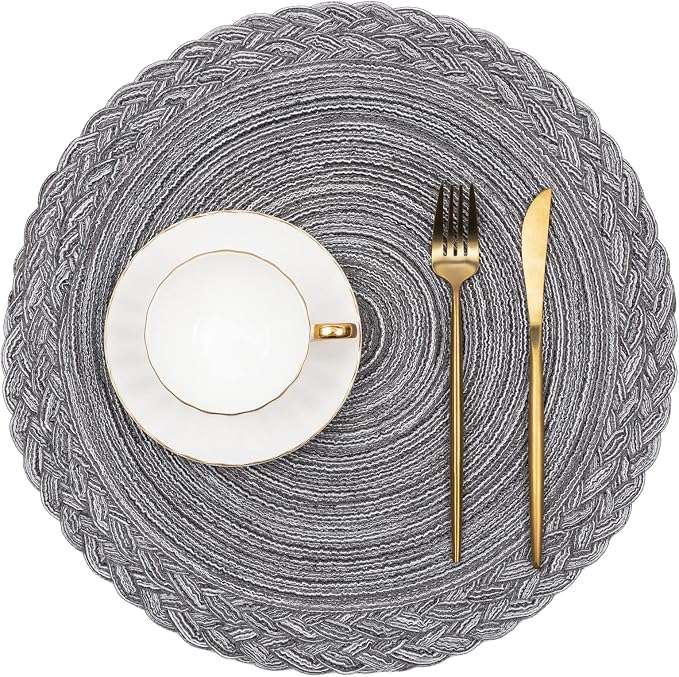 SHACOS Round Placemats Set of 6 Woven Round Table Mats 15 inch Braided Border Washable Cotton Polyester Circle Place Mats, Gray