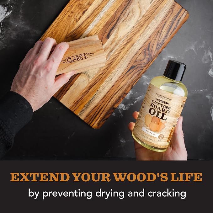 CLARK'S Food Grade Mineral Oil 12 oz, Butcher Block Conditioner - Unscented | Mineral Oil for Wood Cutting Boards, Butcher Blocks, Utensils, Lubricant for Knives. Soak for 2-3 Hours for Optimal Finish