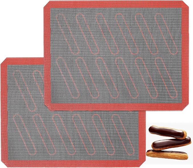 Perforated Silicone Baking Mats, 2 PCS Eclair Silicone Mat for Half Sheet with 12 Printed Oblong Eclair Guides, Non-Stick Reusable Oven Liners for Making Bread/Pizza/Pastry/Cookie 11-4/5" x 15-3/4"