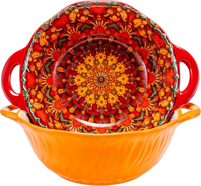 Boho Ceramic Serving Bowls with Handles Set of 2, Ceramic Large Serving Bowls, 40 Oz Porcelain Salad Bowls, Large Serving Dishes for Entertaining, Nesting Mixing Bowls for Soup,Stew,Fruits,Dinner