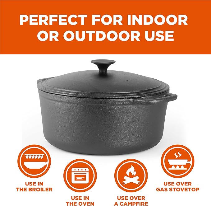 Commercial Chef 6.6-Qt. Dutch Oven, Pre-Seasoned Cast Iron, CHCI660 | Integrated Handles, Works on All Cooktops Including Induction, Outdoor Cookware for Campfires or Grills