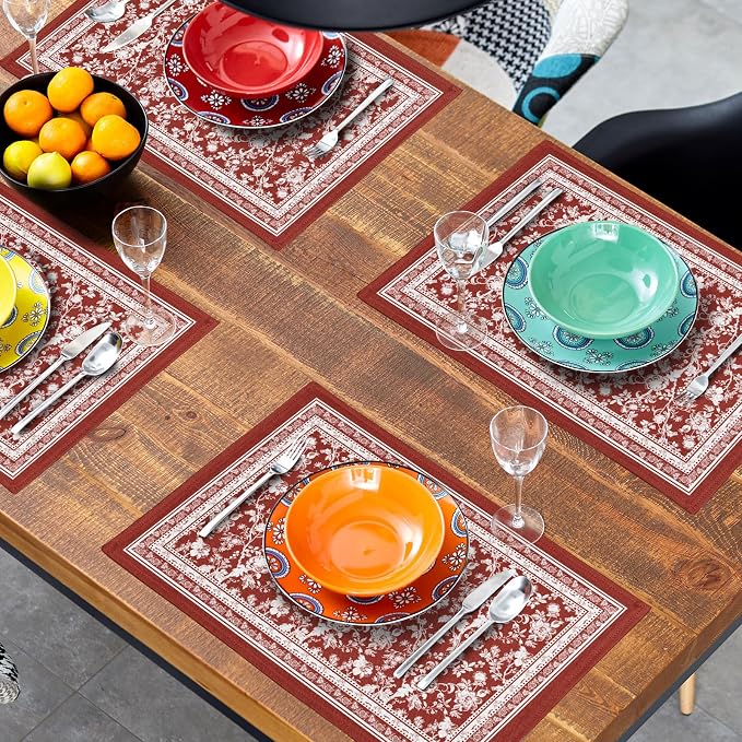 Red Placemats Set of 4，Vintage Chinoiserie Flower Branches Place Mats Heat Resistant Dining Table Mats 12 x 18 Inch Non-Slip Washable Desk Mats for Party Kitchen Dining Decoration
