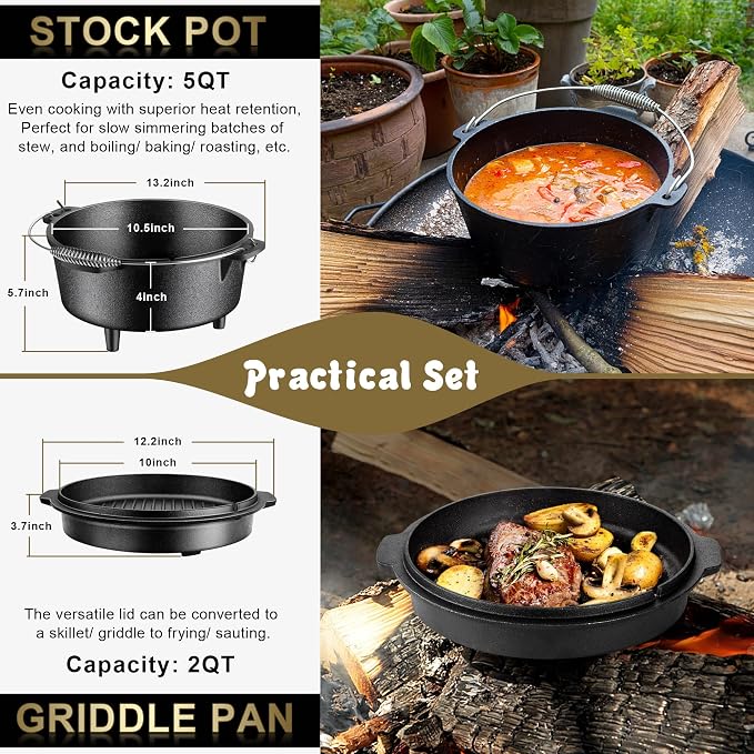 Joyfair Pre-seasoned Cast Iron Camp Dutch Oven, 5QT Pot & 2QT Skillet Lid | Open Fire Camping Cookware Set For Outdoor Campfire Cooking - Stewing Chicken,Baking Sourdough Bread, Plus Cleaner, Oven Safe