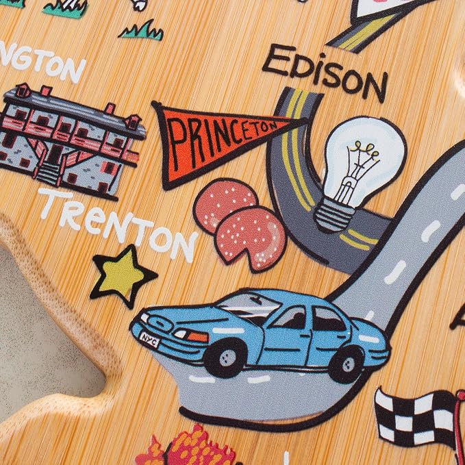 Totally Bamboo New Jersey State Shaped Cutting Board, Art by Fish Kiss | State charcuterie board with colorful hand-drawn map artwork. Smooth reverse side for food prep. Hang tie for wall display.