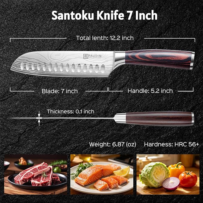 PAUDIN Santoku Knife Chef Knife, Ultra Sharp 7" Kitchen Knife for Cooking | Japanese High Carbon German Stainless Steel, Long-Lasting, Ergonomic Pakkawood Handle, Gift for Cook & Pro Chef