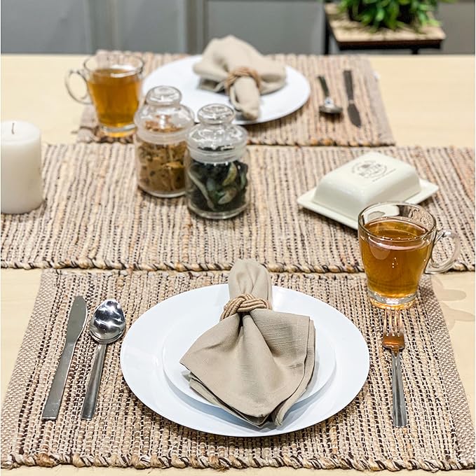 Natural Jute & Brown Placemats, Set of 4 – Rustic Handmade Boho Table Mats, 13x19 Inch Dining Table Placemats for Kitchen, Everyday Meals, Holidays, Farmhouse or Modern Table Décor