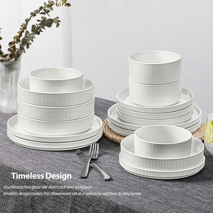 LIANYU 24 Piece Dinnerware Sets with Double Bowls, Ceramic Plates and Bowls Set for 4, Ribbed Stoneware Dishes for Home Kitchen, Microwave and Dishwasher Safe, Speckled White