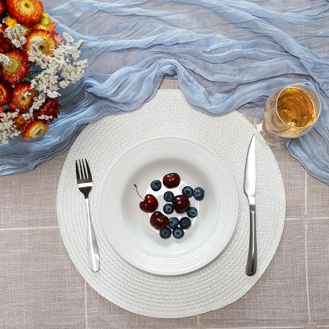 Winknowl 15 Inch Round Braided Placemats Set of 4, Washable Cotton Polyester Table Mats, Heat Resistant Non-Slip Place Mats for Kitchen Dining Table Decor (White,4pcs)