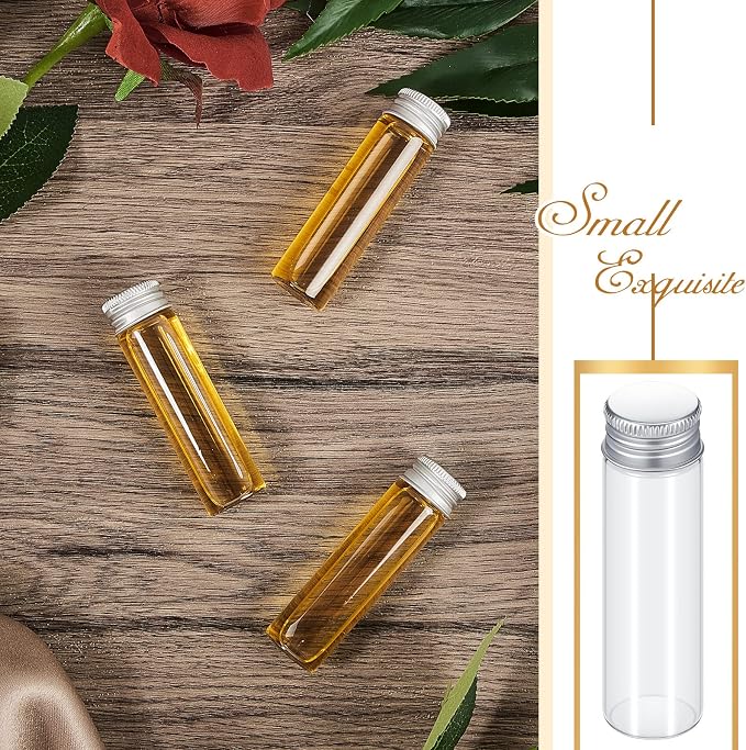 Didaey 100 Pcs Small Clear Vials Spice Mini Jars with Lids Mini Glass Bottles with Screw Aluminum Metal Caps Tiny Jars Sample Containers for Powder Cream Cosmetic Jewelry Wedding (20 ml,Silver Caps)