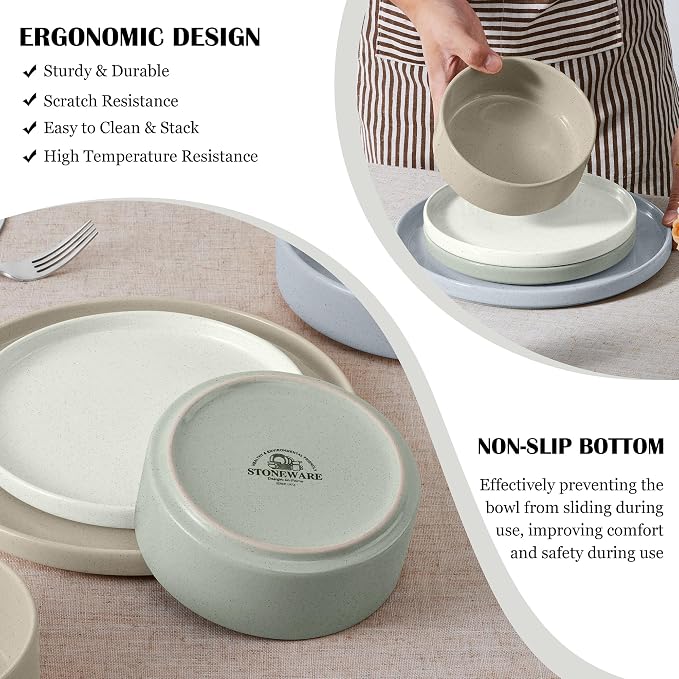 E-far Stoneware Dinnerware Sets, 12-Piece Plates and Bowls Set for 4 | Kitchen Modern Dishes Dining Ware, Chip and Scratch Resistant, Microwave & Dishwasher Safe, Speckled Multicolor