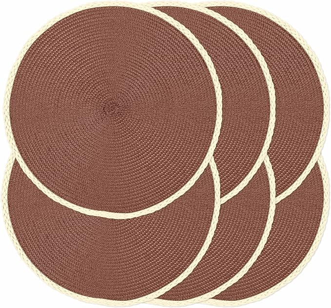 Round Placemats Set of 6, Woven Table Mats, Thin Edge, Chestnut Brown | Braided Paper Edge, 15 Inch Diameter, Fits Dinner Plate and Flatware, Wipeable, Heat Resistant, Indoor Dining, Outdoor Patio