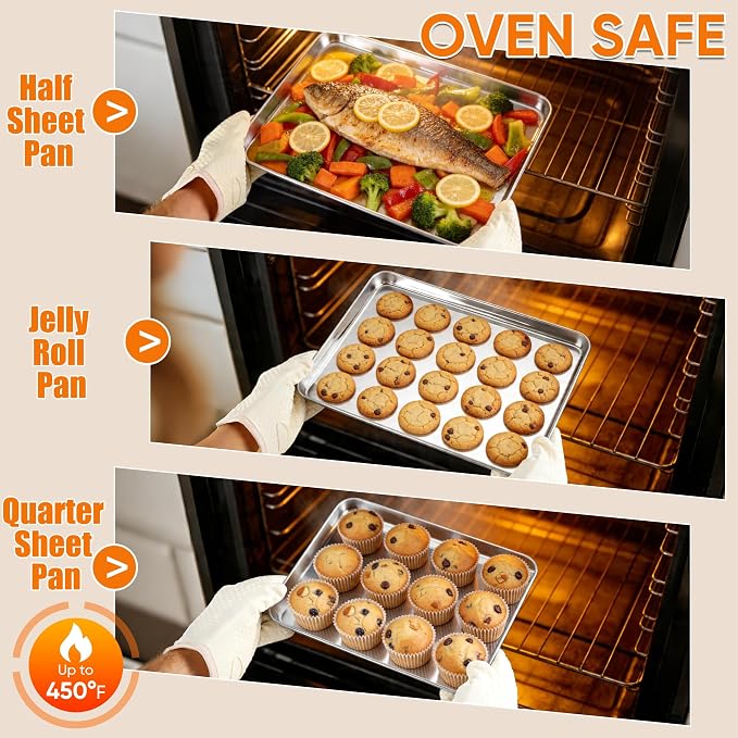 LIANYU Baking Sheet Pans, Half Sheet/Jelly Roll/Quarter Sheet, 3 Pack | Stainless Steel Cookie Sheet for Baking, 17.5/16/12.4 Inch Metal Tray, Heavy Duty, Dishwasher Safe, Non Toxic