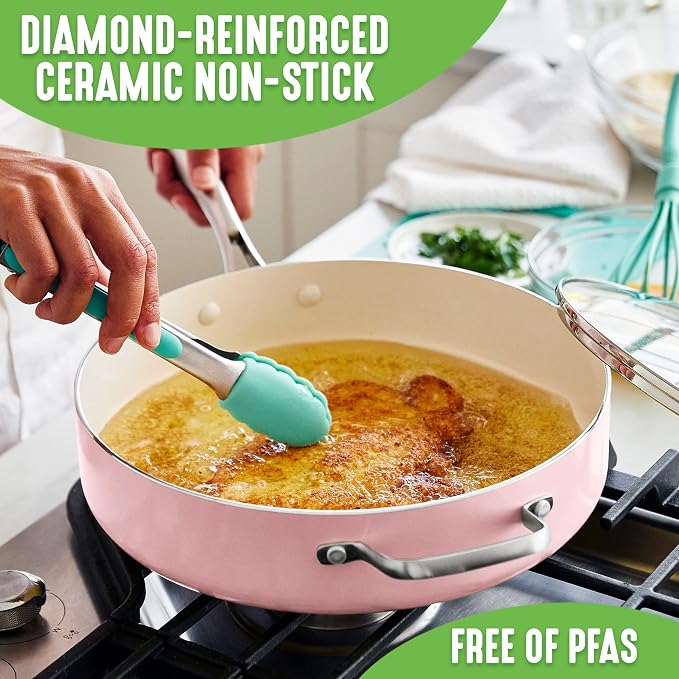 GreenLife Artisan Healthy Ceramic Nonstick, 5QT Saute Pan Jumbo Cooker with Helper Handle and Lid, Stainless Steel Handle, Induction, PFAS-Free, Dishwasher Safe, Oven Safe, Pink