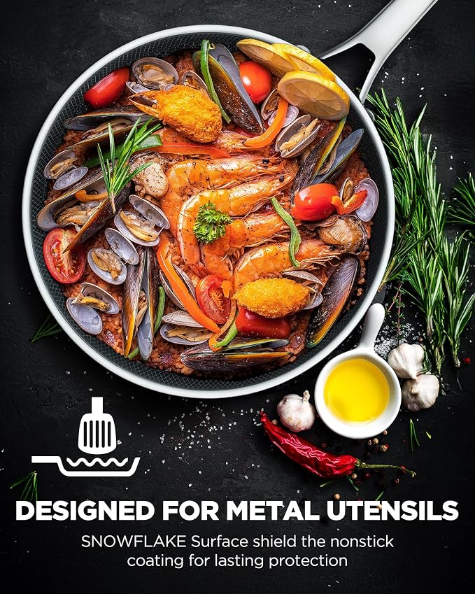 SNOWCLAD Pots and Pans Set Non Stick | Stainless Steel Kitchen Cookware | 10 Pcs | PFOA Free | Hybrid | Induction Compatible | Frying Skillet, Saucepans, Saute Pan & Stock Pot