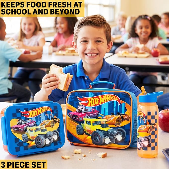Get Trend Hot Wheels Lunch Bag, Bento Box & Water Bottle, 3 Pc Set | Insulated Lunch Bag, Lightweight Snack Box, 22 fl oz BPA-Free Water Bottle with Straw, School, Picnic, Gamer Gifts for Boys