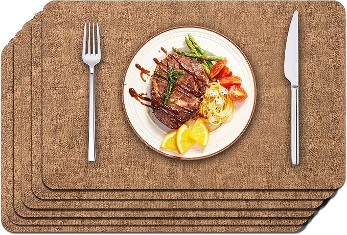 Maxpearl Faux Leather Placemats Set of 6, Easy to Clean, Brown | Waterproof - Heat Resistant - Non Slip - Wipe Clean Dining Table Place Mats, Suitable for Indoor & Outdoor Use, 17''×12''