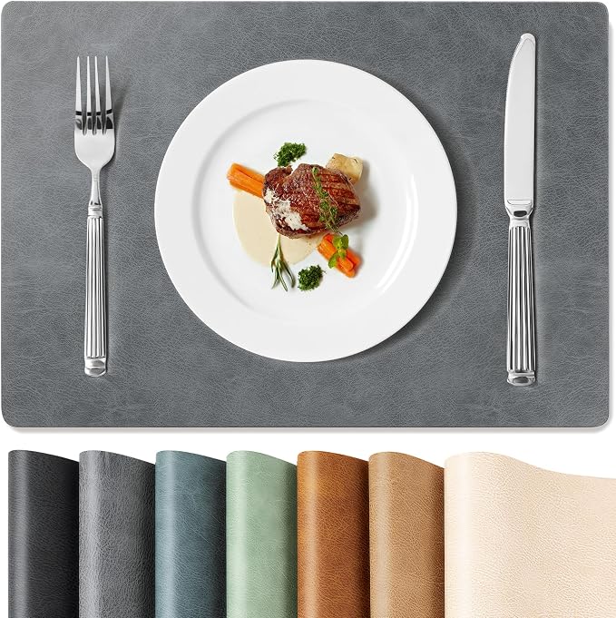 Roxifina Faux Leather Placemats Set of 8 - Vinyl Placemats Wipeable Waterproof Oil-Proof PU Place Mats Heat Resistant Reversible Table Mats for Dining, Kitchen, Outdoor, 12 x 17 Inch (Gray)