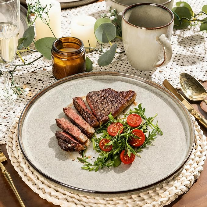 GBHOME Dinnerware Sets for 4, 12 Pieces Ceramic Plates and Bowls Set | Scratch Resistant Stoneware Dishes Set, Dishwasher & Microwave Safe, Reactive Glaze-Oatmeal