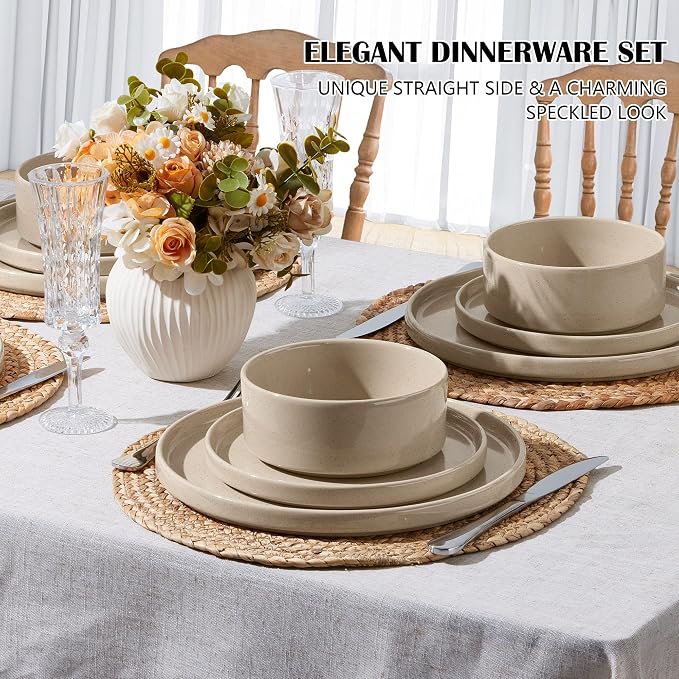 E-far 6-Piece Stoneware Dinnerware Sets, Plates and Bowls Set for 2, Khaki | Kitchen Modern Dishes Set for Everyday & Formal, Chip and Scratch Resistant, Microwave & Dishwasher Safe, Speckled Khaki