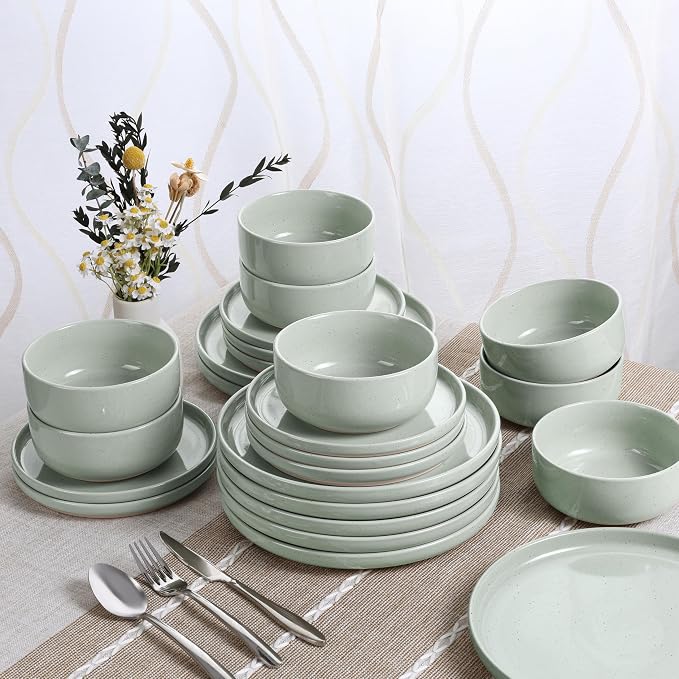 HaWare Dinnerware Sets, 24Pcs Plates and Bowls Set for 8, Asparagus Green