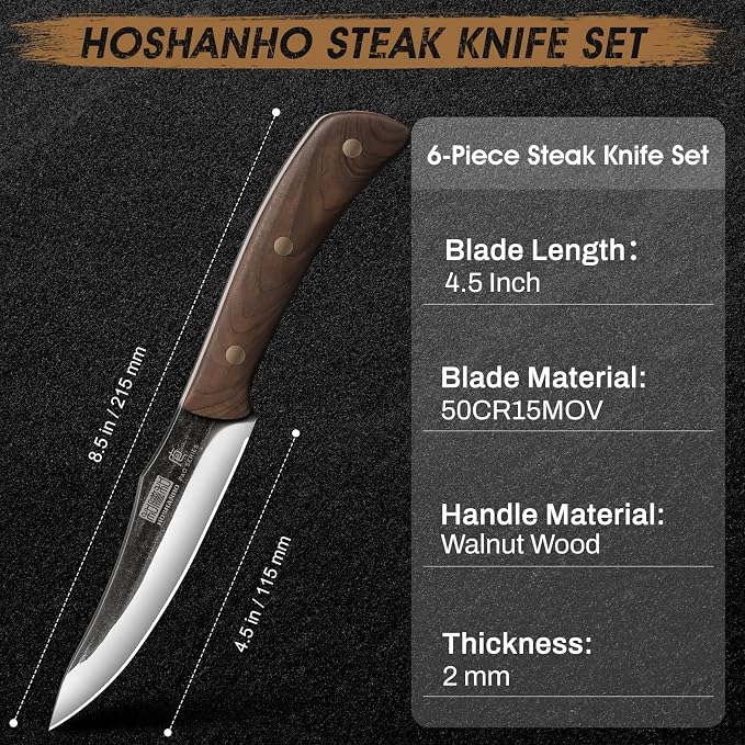 HOSHANHO Steak Knives Set of 6, Sharp 4.5" Non Serrated Steak Knife Set | Hand Forged High Carbon Steel Dinner Steak Knives with Full Tang Wood Handle, Gift with Men