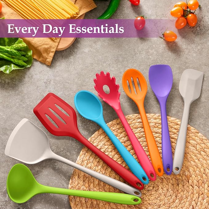 LIANYU Colorful Kitchen Cooking Utensils Set, 8Pcs Silicone Utensils Set | Heat Resistant Cooking Gadgets for Nonstick Cookware, Include Silicone Spoon, Turner, Spatula, Ladle, Multi-Color