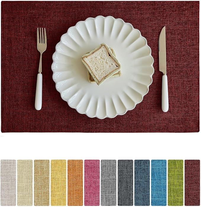Softalker Faux Linen Placemats Set of 6-12 x 18 Inch, Heat Resistant Double Layered Durable Burlap Farmhouse Place Mats, Non-Slip Washable Rustic Table Mats for Dining, Kitchen, Party（Red