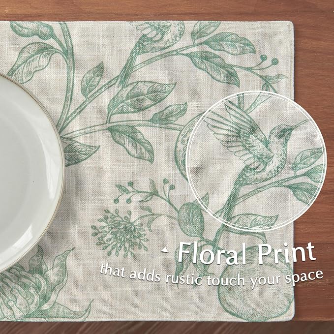 JINCHAN Linen Placemats Set of 4 Farmhouse Botanical Print 13x19 Inch Green | Fabric Placemats, Cottage Style, Botanical Bird Motif, Machine Washable, Easy to Store, Reusable