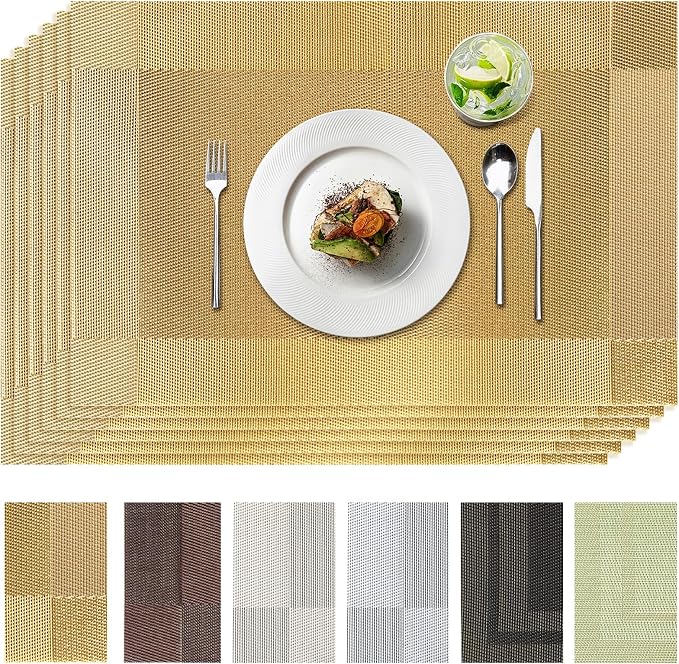 Placemats, Placemats Set of 6, Table Place Mats for Kitchen Dining, Heat-Resistant Anti-Skid Stain Washable PVC Table Mats, Easy to Cleaning Woven Vinyl Dinner Mats (Gold)