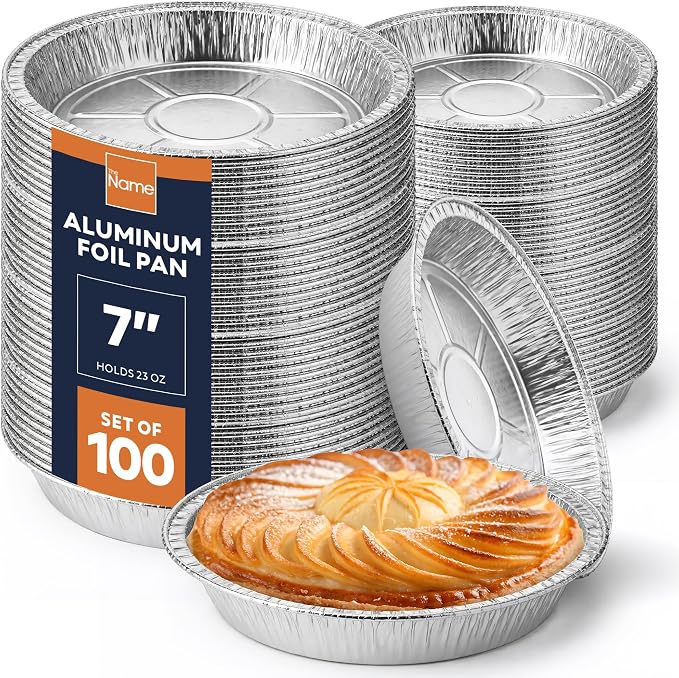 The Name 7" Round 100 Pack Aluminum Foil Pans Disposable Pie Tins, Mini Pans, Tart Baking Trays, Oven/Freezer Safe, Perfect for Apple Pie, Pumpkin Pie, Quiche, Pot Pie, Cobbler, Catering/Food Service