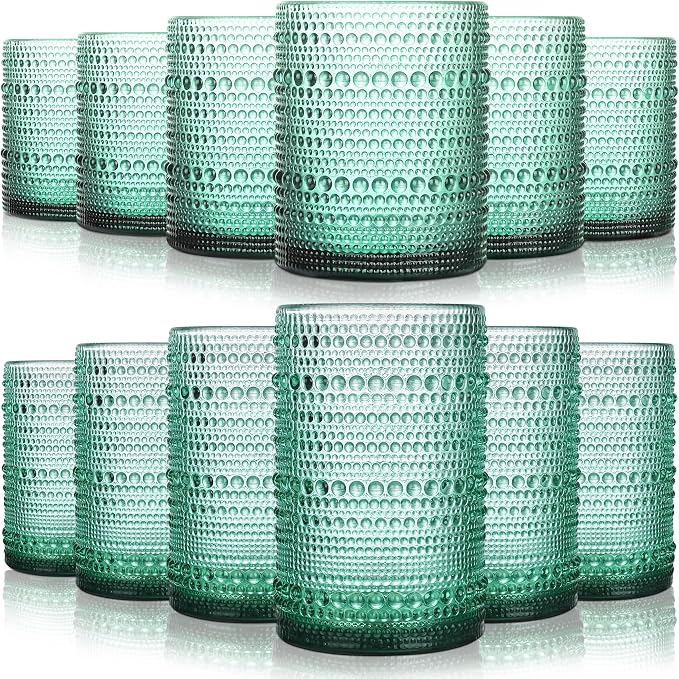 KMIGRUAN Hobnail Drinking Glasses Set of 12, 15Oz & 12Oz Cocktail Glasses | Light Green Boho Highball Glasses, Embossed Beaded Water Glass Cups for Juice and Various Mixed Drinks, Kitchen Bar Tumbler