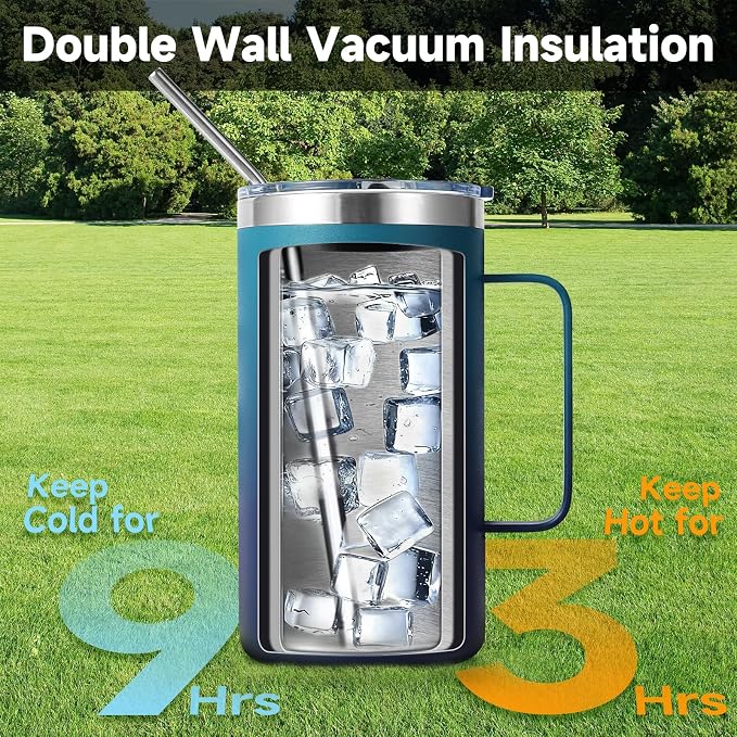 Volhoply 22oz Insulated Stainless Steel Coffee Mugs with Leakproof Lid Bulk 2 Pack,Double Wall Vacuum Travel Coffee Cup with Handle,Reusable Metal Tumbler,Camping Mug Keep Hot&Cold(Dark Night,2)