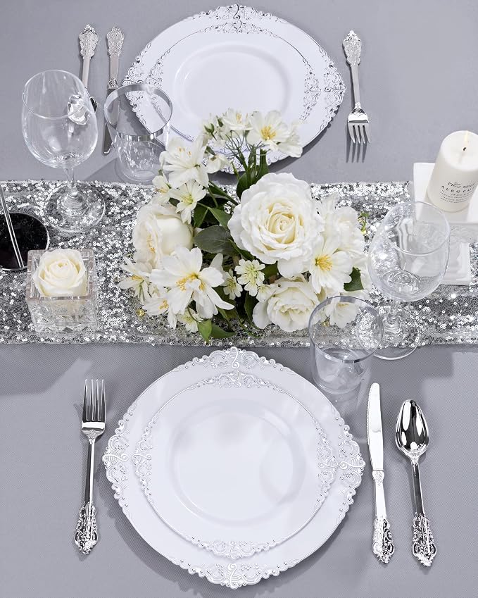 Nervure 700Pcs Silver Plastic Plates, Plastic Dinnerware Set for 100 Guests | 100 7.5" Dessert & 100 10.25" Dinner Plastic Plate, 300 Cutlery, 100 10oz Cups, 100 Napkin for Wedding & Party, Heavy-duty