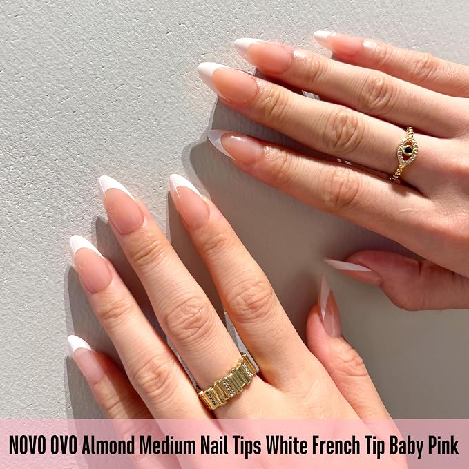 NOVO OVO White French Tip Almond Nail Tips Press on BABY PINK, Extra Thick Medium Soft Gel Fake Nail Acrylic Extension, Need Builder Gel Top Coat, No Glue Included, for Salon DIY x 15 Sizes 240 pcs