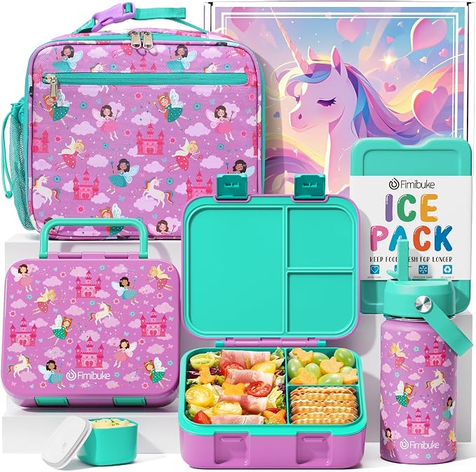 Fimibuke Bento Lunch Box for Kids - Toddler Girls Snack Bento Box Container | with 3 Compartments, 14oz Stainless Steel Water Bottle, Insulated Lunch Bag, Ice Pack Set for Ages 3-12 Daycare, Fairies