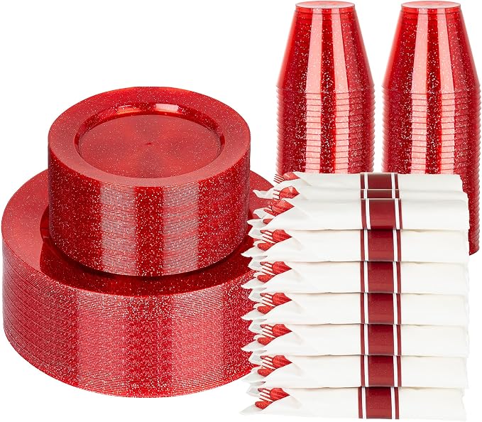 DaYammi 210PCS Red Glitter Plastic Dinnerware Set for 30 Guests, Fancy Disposable Plates for Party, Include: 30 Dinner Plates, 30 Dessert Plates, 30 Pre Rolled Napkins with Red Silverware, 30 Cups