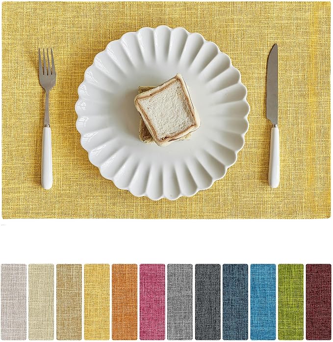 Softalker Faux Linen Placemats Set of 8-12 x 18 Inch, Heat Resistant Double Layered Durable Burlap Farmhouse Place Mats, Non-Slip Washable Rustic Table Mats for Dining, Kitchen, Party（Yellow
