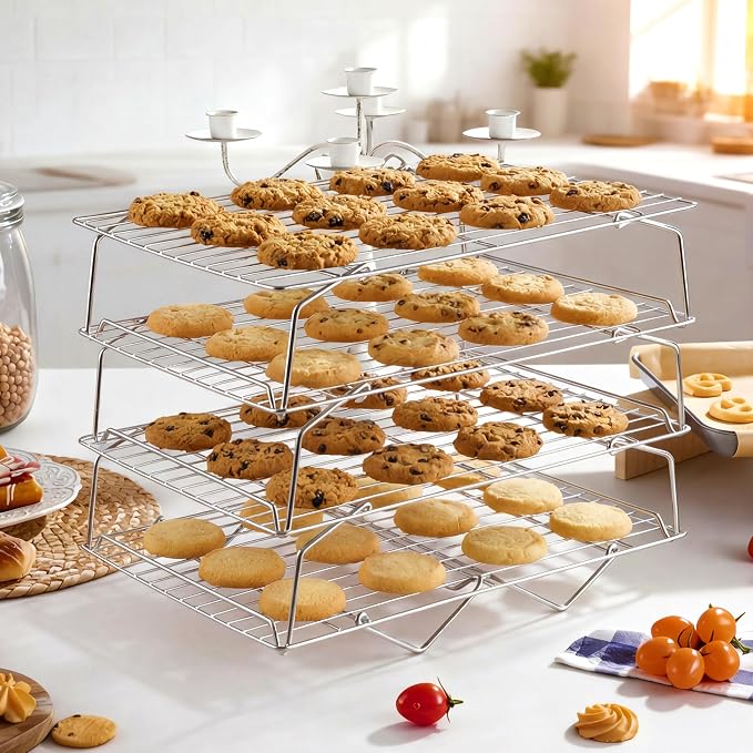 LIANYU Cooling Rack 15"x10", 4-Tier Stackable & Collapsible Cooling Racks | Stainless Steel Wire Baking Racks Fits Jelly Roll Pan, Great for Cooking, Baking, Roasting, Grilling, Oven & Dishwasher Safe
