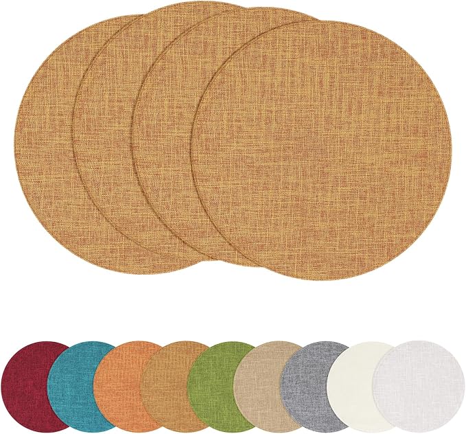 Cotton Linen 15 Inch Round Cloth Place mats, Set of 4, Amber | Washable Table Mats, Heat Resistant, Reversible, Wipeable Place Mats for Indoor Outdoor